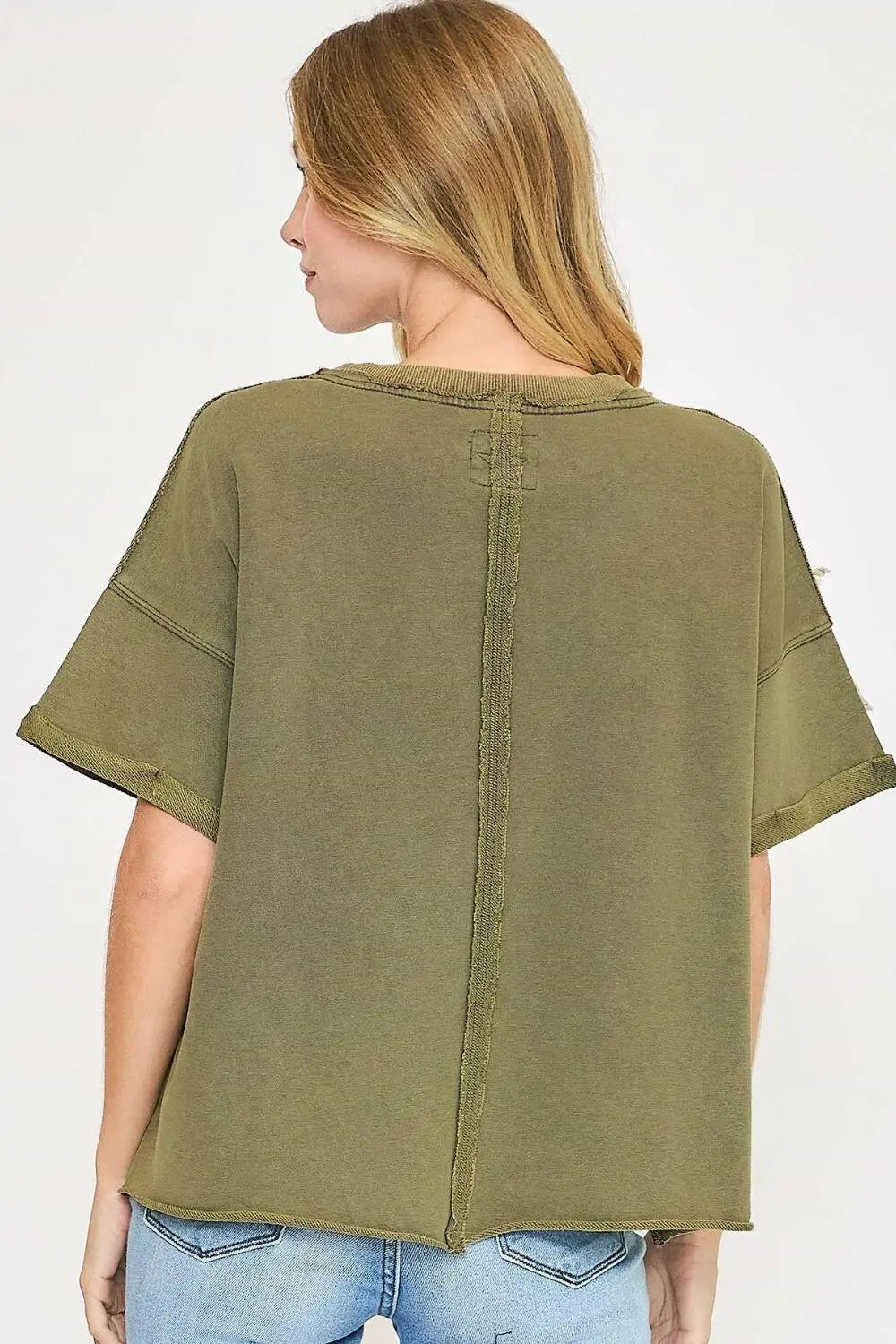 Umgee Full Size Star Patched Mineral Washed French Terry Top Plus Size.