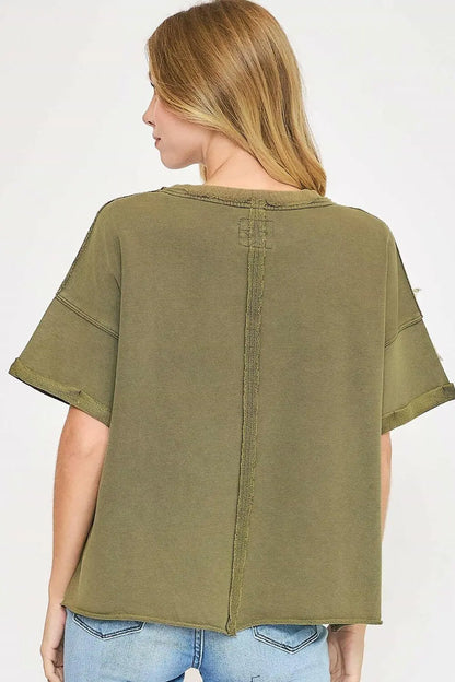 Umgee Full Size Star Patched Mineral Washed French Terry Top Plus Size.