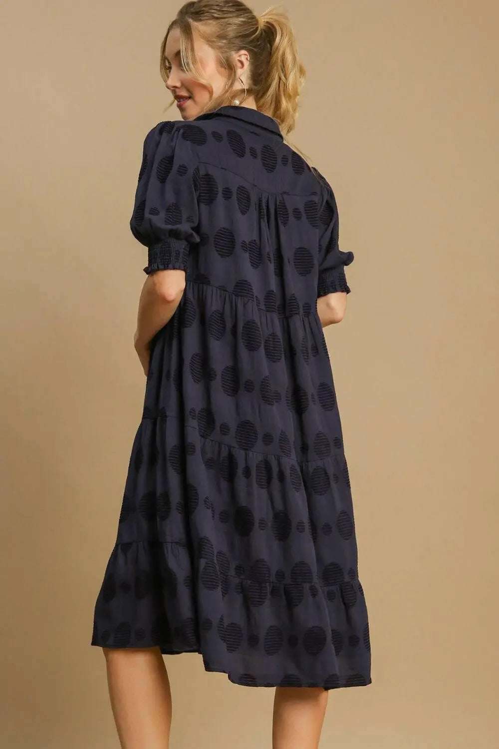 Umgee Full Size Swiss Dot Jacquard Tiered Midi Dress Plus Size.