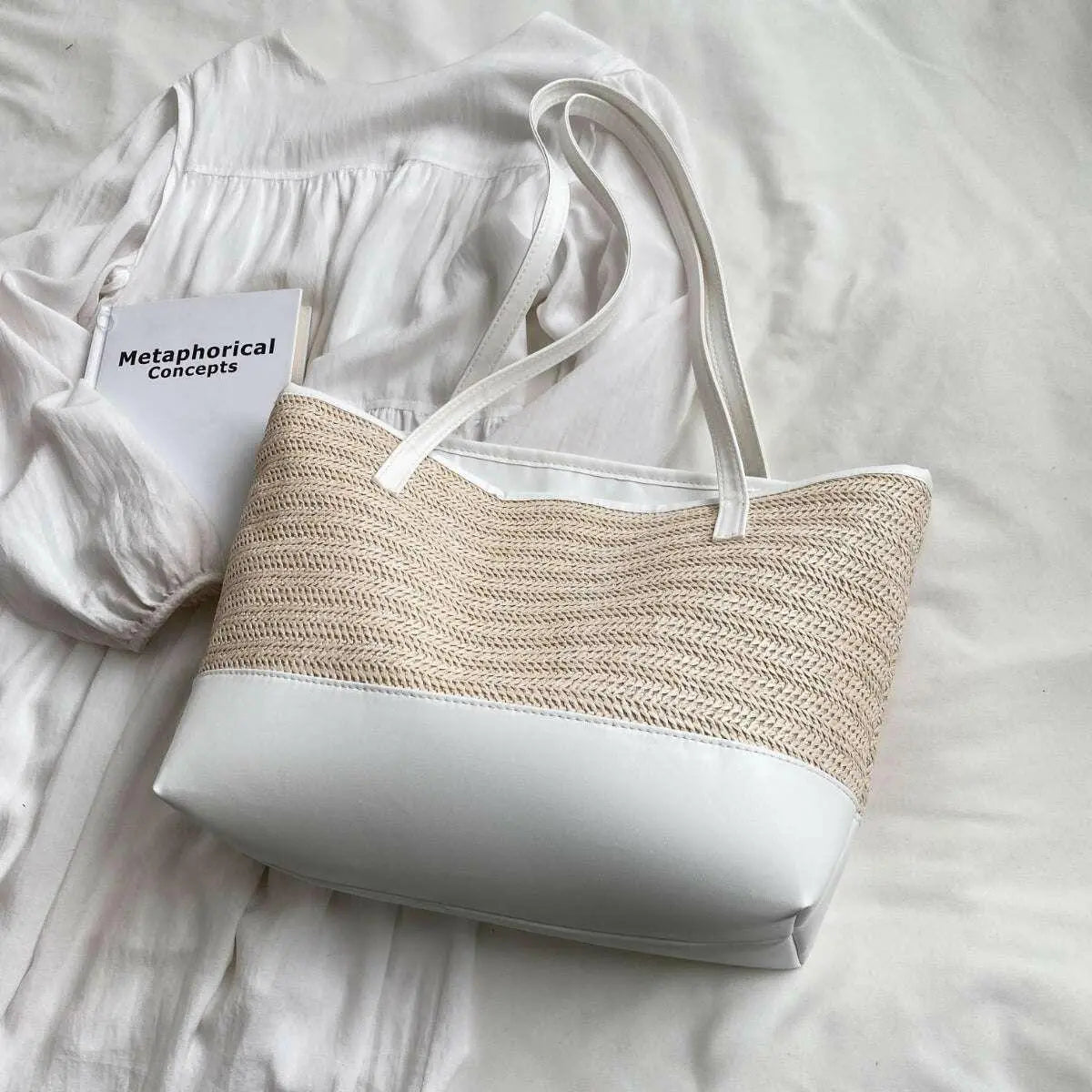 Straw Weave Leather Strap Tote Bag.