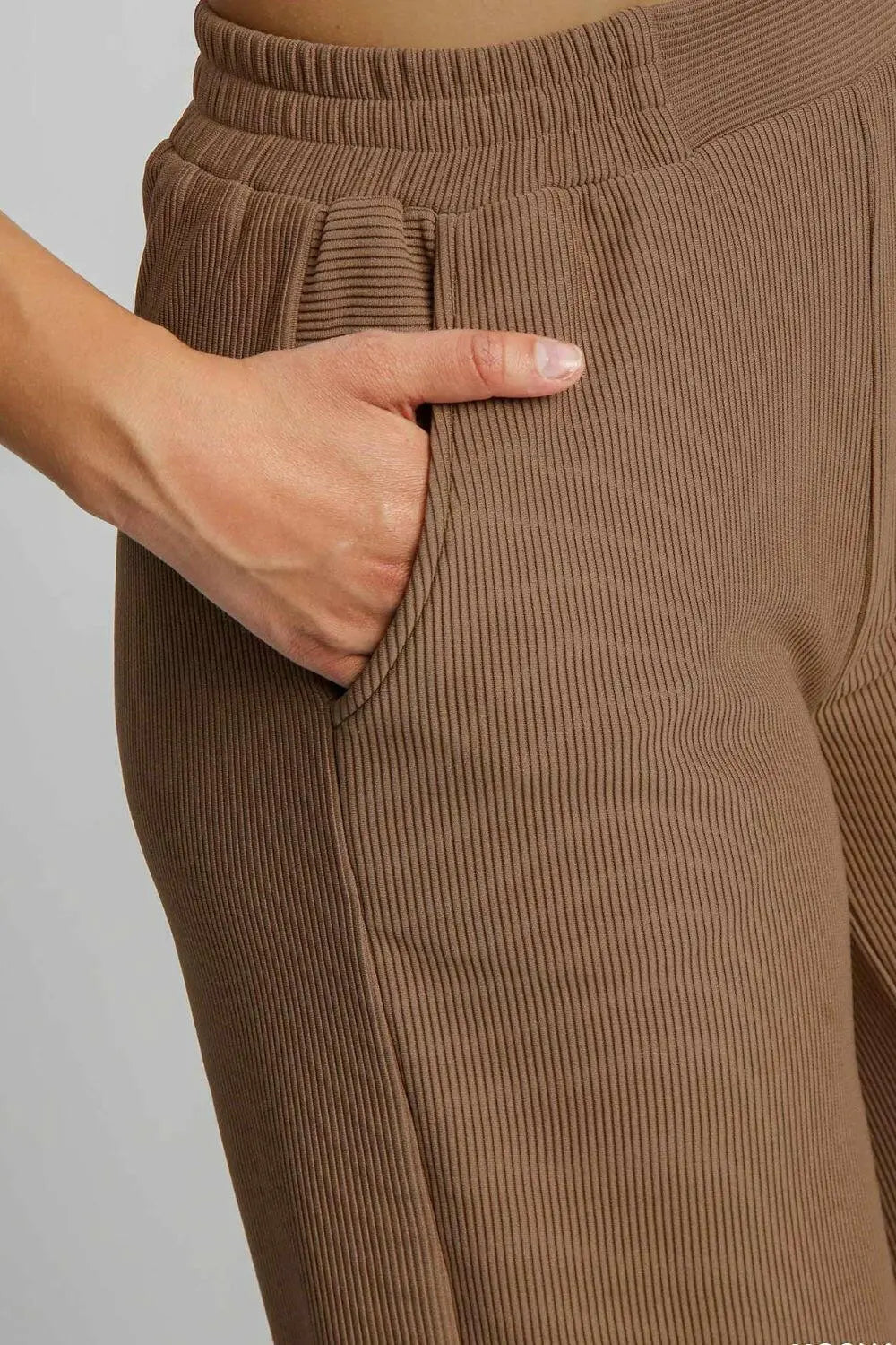 Umgee Full Size Ribbed Knit Elastic Waistband Wide Leg Pants Plus Size.