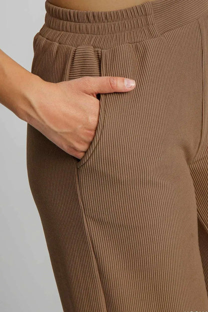 Umgee Full Size Ribbed Knit Elastic Waistband Wide Leg Pants Plus Size.