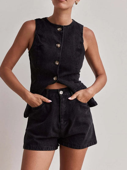 Button Down Vest and Shorts Denim Set - Premium Women / Jeans & Denim from Trendsi - Just $65.12! Shop now at Handbags Specialist Headquarter
