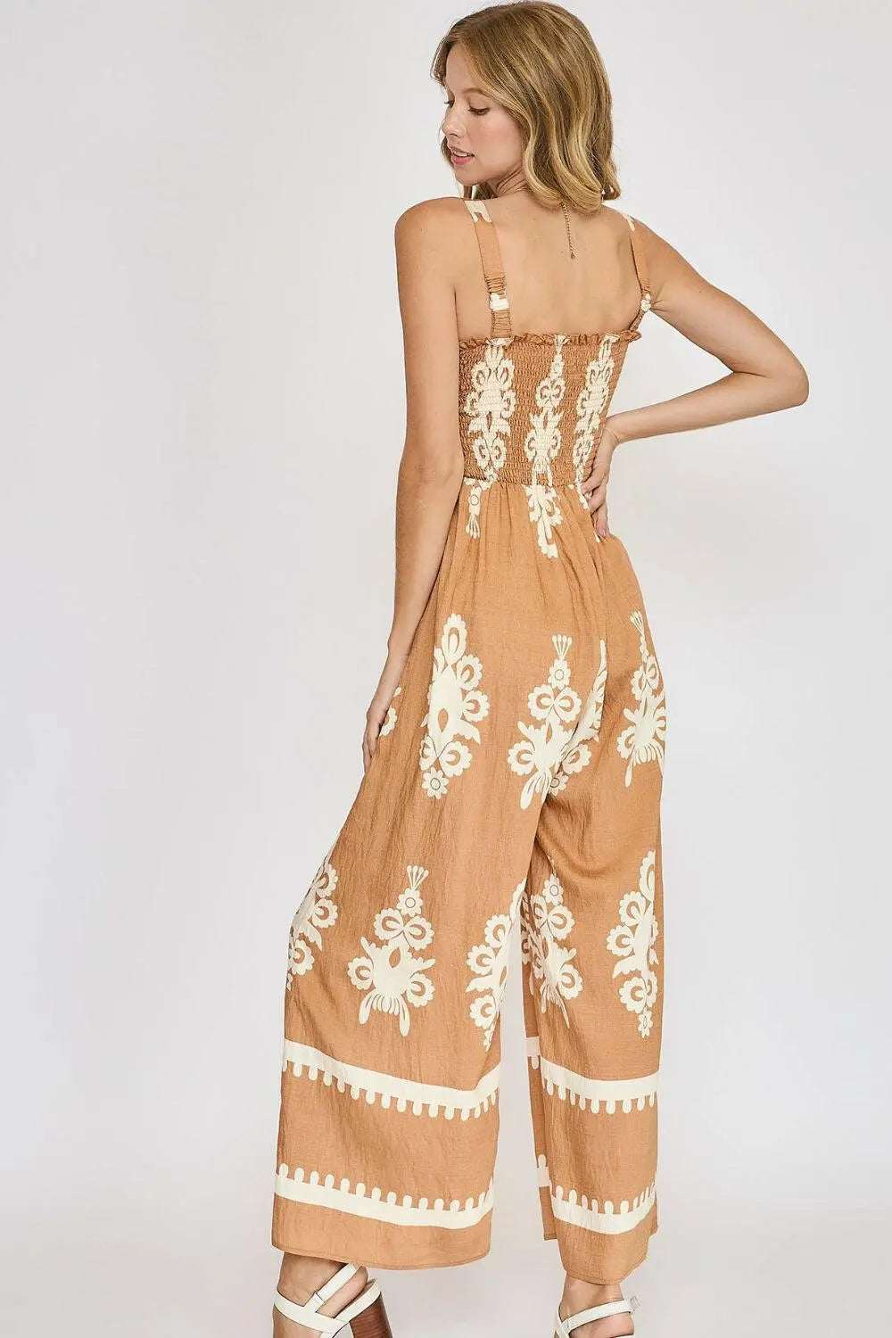 Umgee Full Size Smocked Printed Wide Leg Jumpsuit Plus Size.