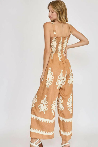 Umgee Full Size Smocked Printed Wide Leg Jumpsuit Plus Size.