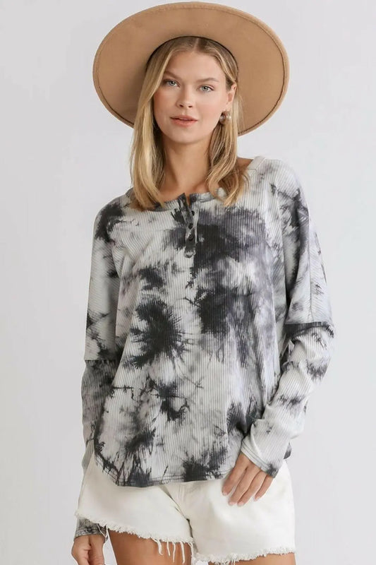 Umgee Full Size Tie Dye Round Neck Ribbed Button Front Top Plus Size.