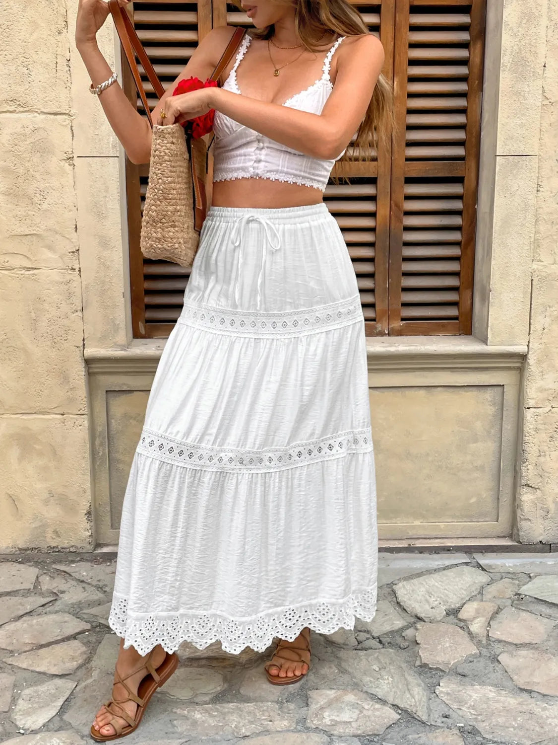 Lace Detail Elastic Waist Skirt - Premium Skirts from Trendsi - Just $48.99! Shop now at Handbags Specialist Headquarter