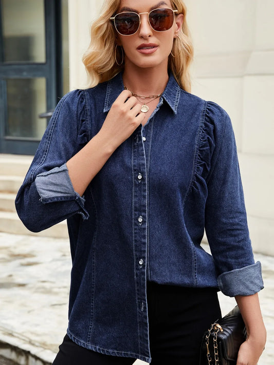 Button Down Collared Neck Denim Shirt - Premium Women / Jeans & Denim from Trendsi - Just $36.76! Shop now at Handbags Specialist Headquarter