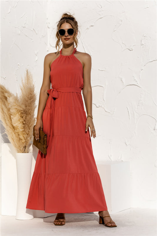 Halter Neck Tie Waist Tiered Maxi Dress - Premium Maxi Dress from Trendsi - Just $35.99! Shop now at Handbags Specialist Headquarter