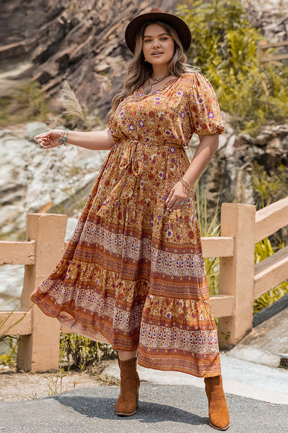Plus Size Tie Waist Puff Sleeve Dress - Premium Dresses from Trendsi - Just $46.99! Shop now at Handbags Specialist Headquarter