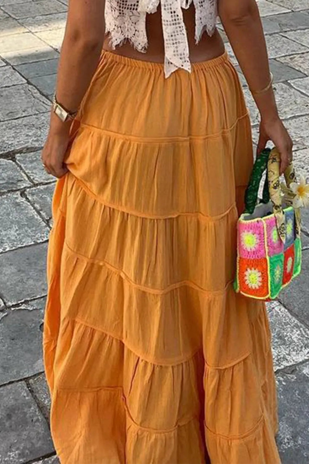 Bohemian Tiered Maxi Skirt with Drawstring Waist - Premium Skirts from Trendsi - Just $38.99! Shop now at Handbags Specialist Headquarter