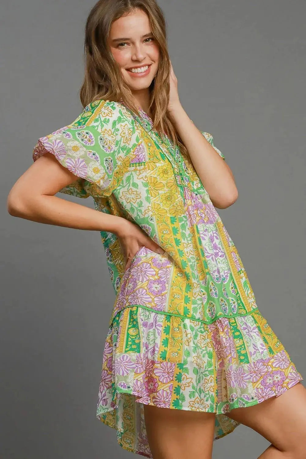 Umgee Full Size Smocked Floral Puff Sleeve Mini Dress Plus Size.