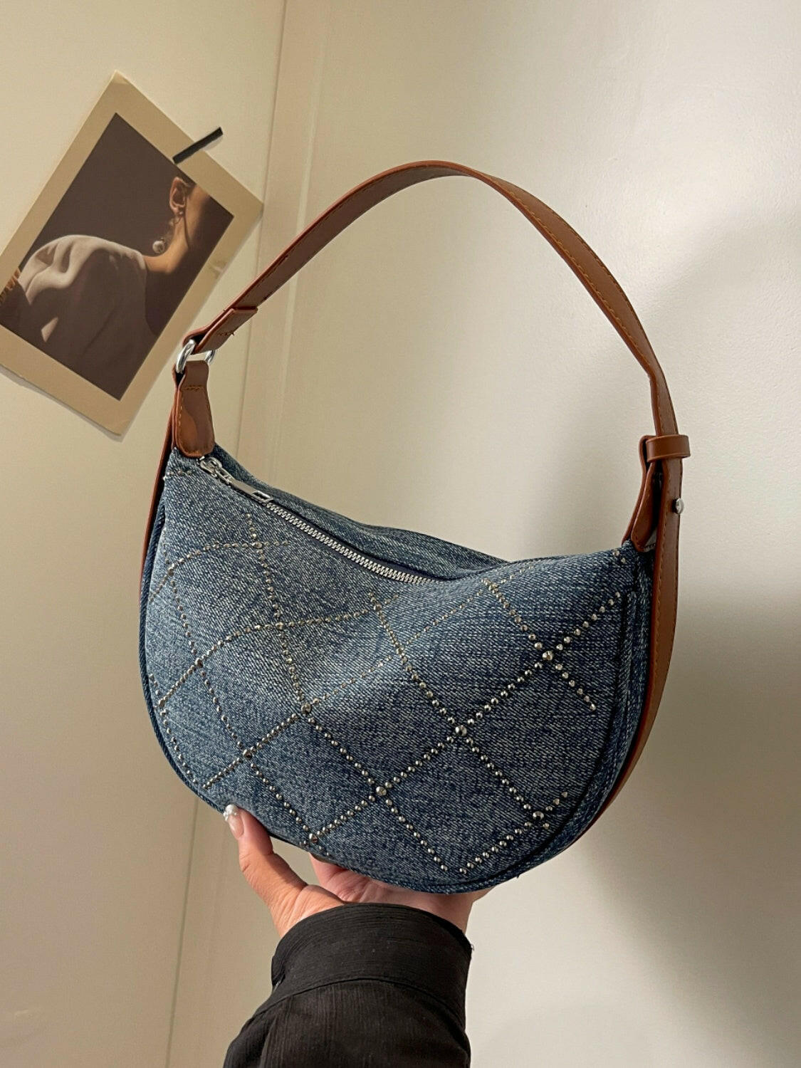 Rhinestone Denim Shoulder Bag.