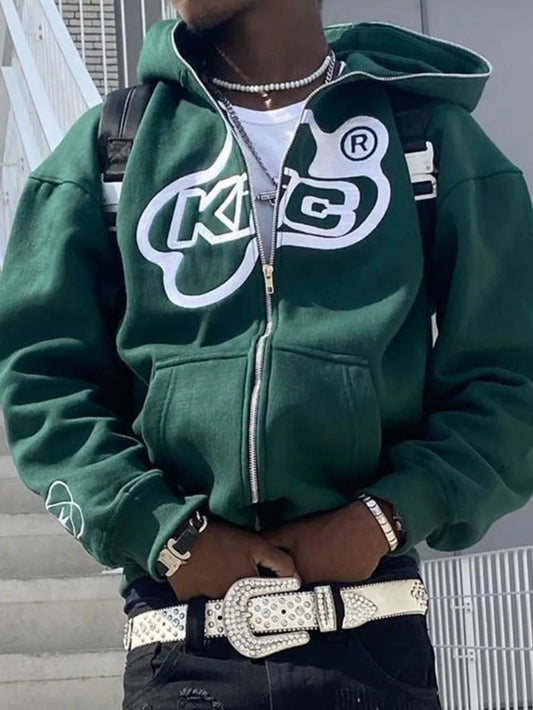 Men's Letter Graphic Zip Up Long Sleeve Hoodie - Premium Men's Sweatshirts from Trendsi - Just $35.46! Shop now at Handbags Specialist Headquarter