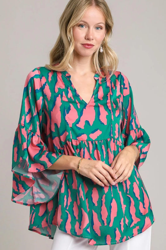 Umgee Full Size Satin Leopard 3/4 Bell Sleeve Babydoll Blouse Plus Size - Premium Dresses from Trendsi - Just $38.99! Shop now at Handbags Specialist Headquarter