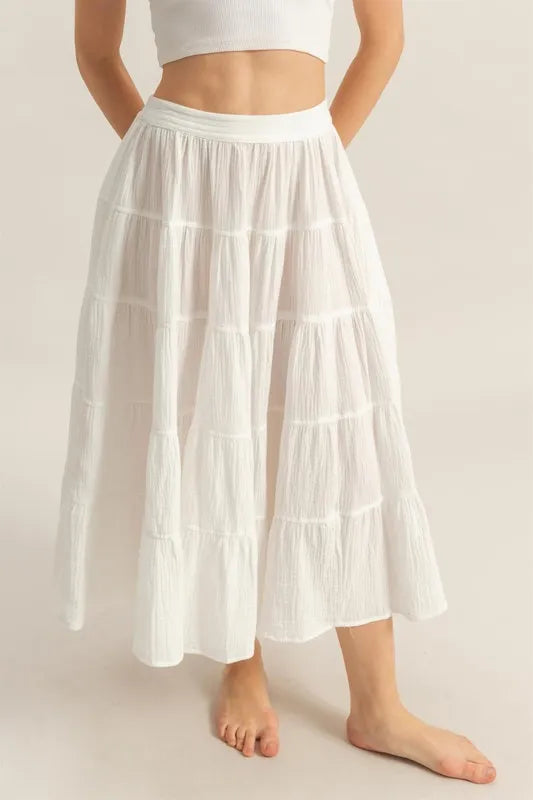 HYFVE Double Gauze Tiered Midi Skirt with Pockets - Premium  from Trendsi - Just $42.99! Shop now at Handbags Specialist Headquarter
