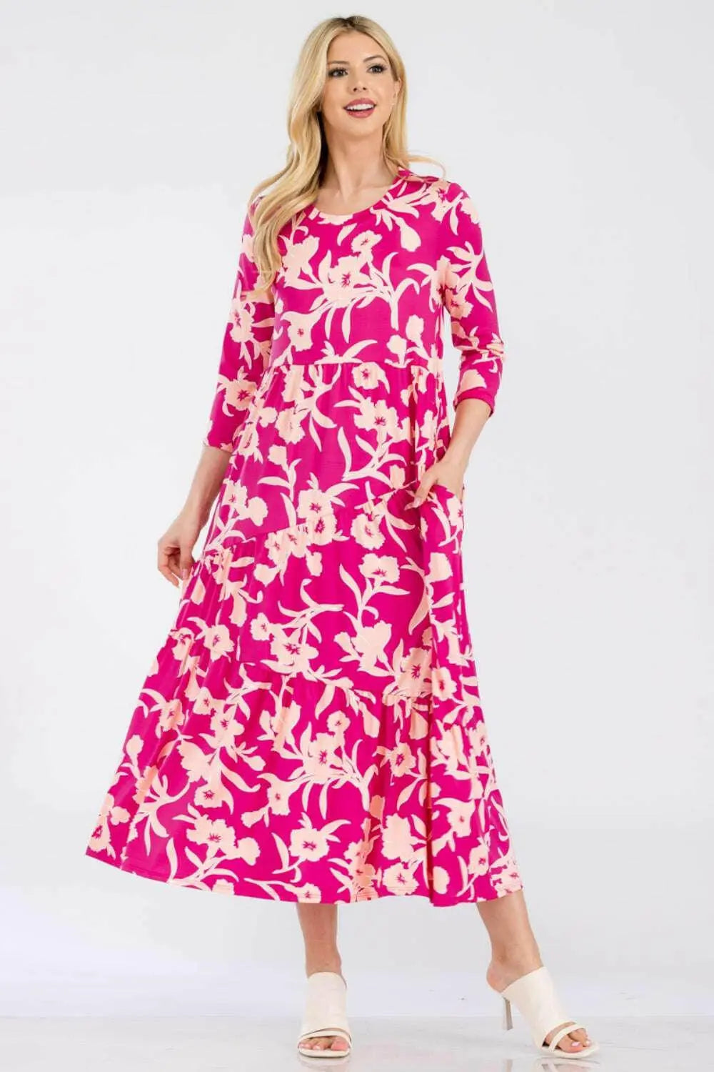 Celeste Full Size Floral Round Neck Ruffle Hem Dress.
