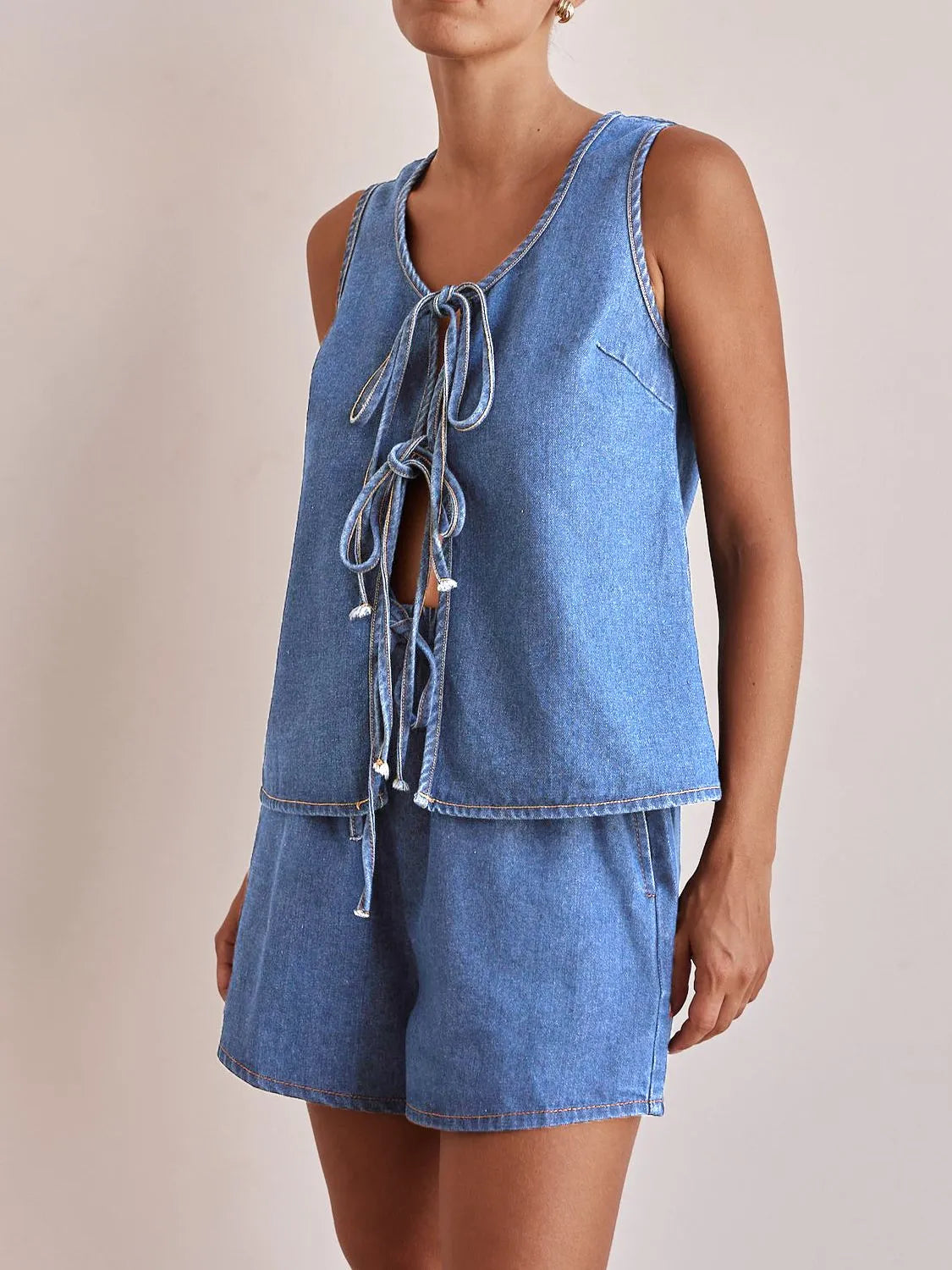 Tie Front Vest and Shorts Denim Set - Premium Women / Jeans & Denim from Trendsi - Just $61.94! Shop now at Handbags Specialist Headquarter