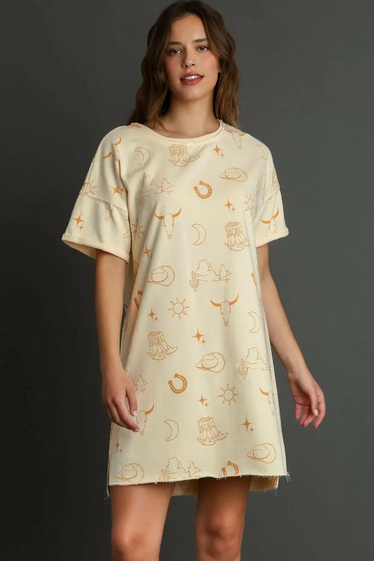 Umgee Full Size French Terry Short Sleeve Round Neck Dress Plus Size.