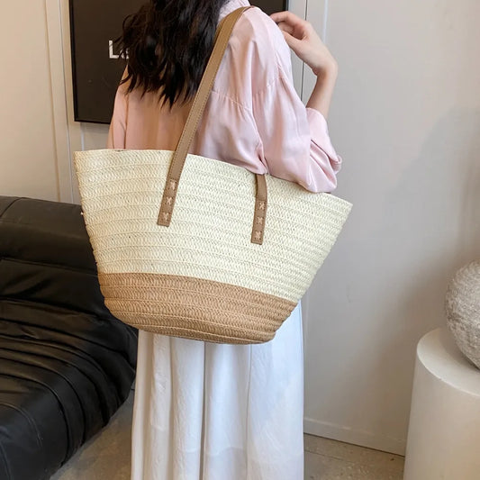 Contrast Straw Braided Handbag - Premium Tote Bag from Trendsi - Just $32.99! Shop now at Handbags Specialist Headquarter