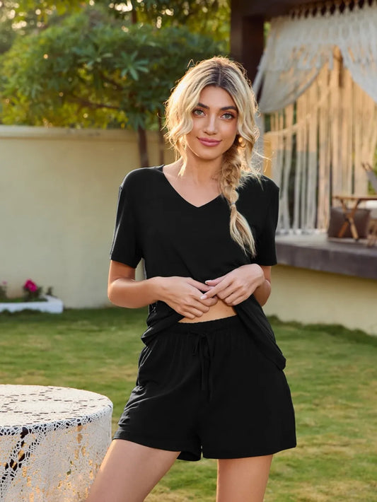V-Neck Short Sleeve Top and Pocketed Shorts Lounge Set - Premium sleepwear from Trendsi - Just $31.99! Shop now at Handbags Specialist Headquarter