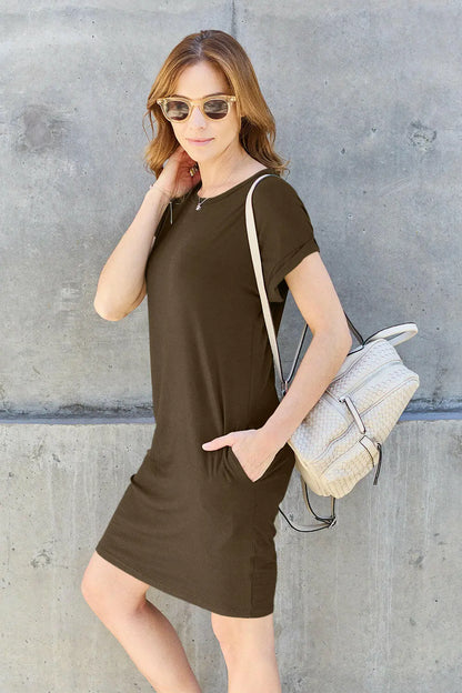 Basic Bae Full Size Round Neck Short Sleeve Dress with Pockets.