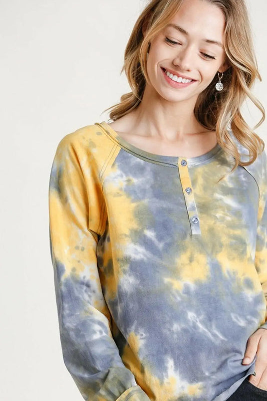 Umgee Full Size Tie Dye Button Front Long Raglan Sleeve Top Plus Size.