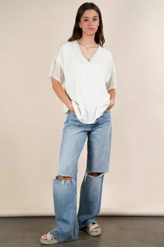 VERY J Plus Size Oversized Contrast Knit Comfy Casual Top.