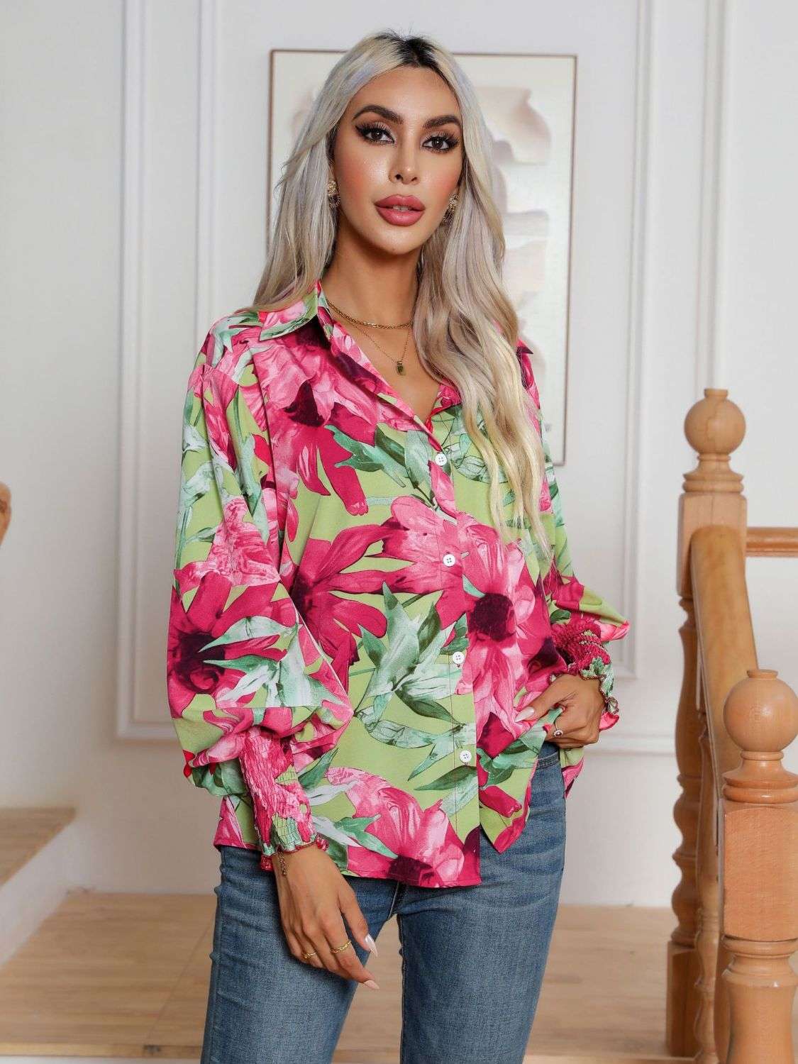 Button Down Printed Long Sleeve Shirt - Premium Women / Tops from Trendsi - Just $21.02! Shop now at Handbags Specialist Headquarter