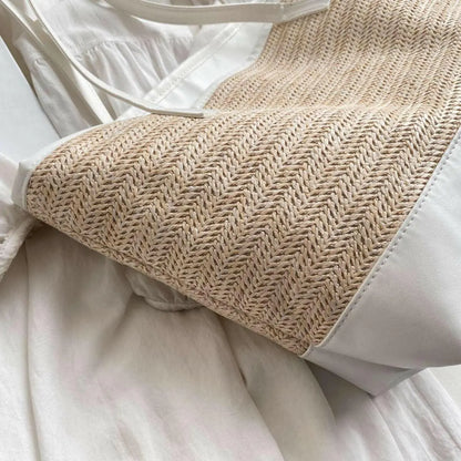Straw Weave Leather Strap Tote Bag.