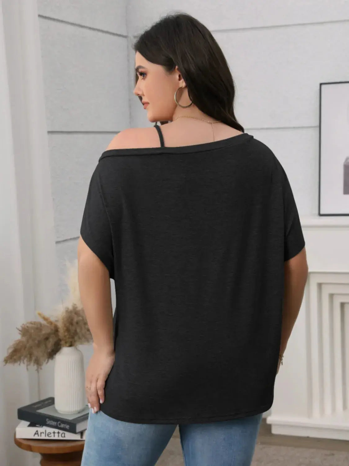 Plus Size Asymmetrical Neck Short Sleeve T-Shirt.