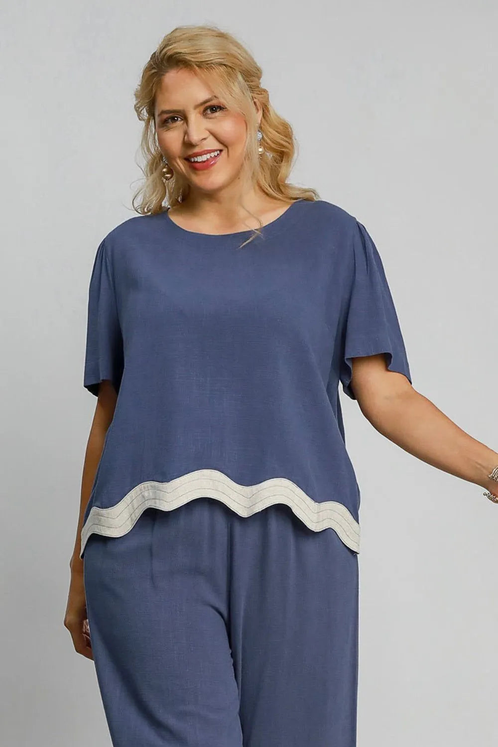Umgee Full Size Linen Blend Scalloped Hem Top Plus Size - Premium Men's Shirts from Trendsi - Just $41.06! Shop now at Handbags Specialist Headquarter