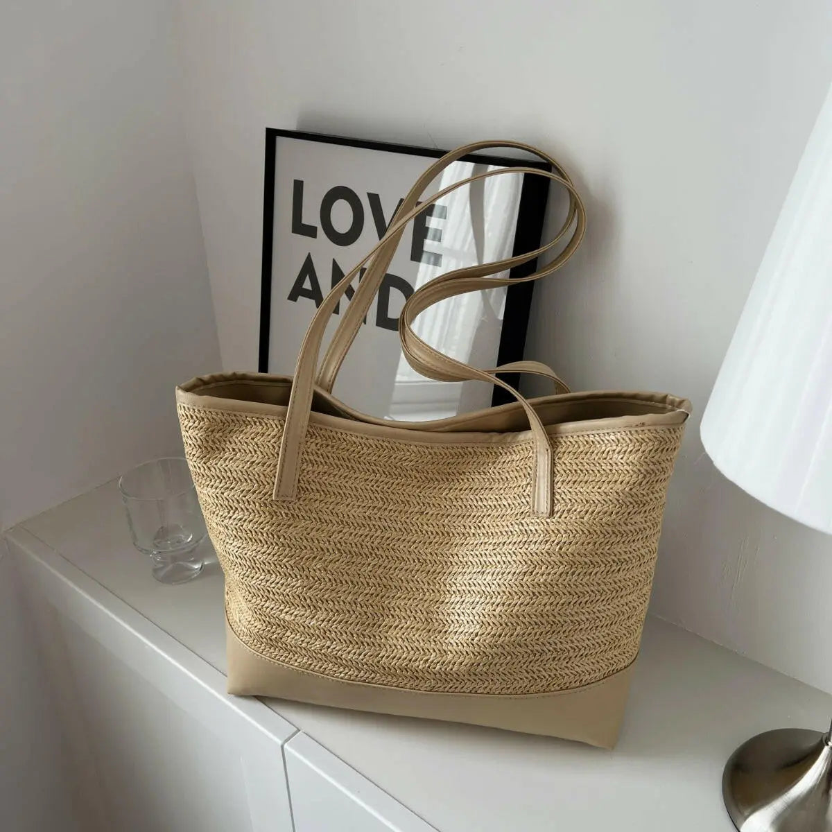 Straw Weave Leather Strap Tote Bag.