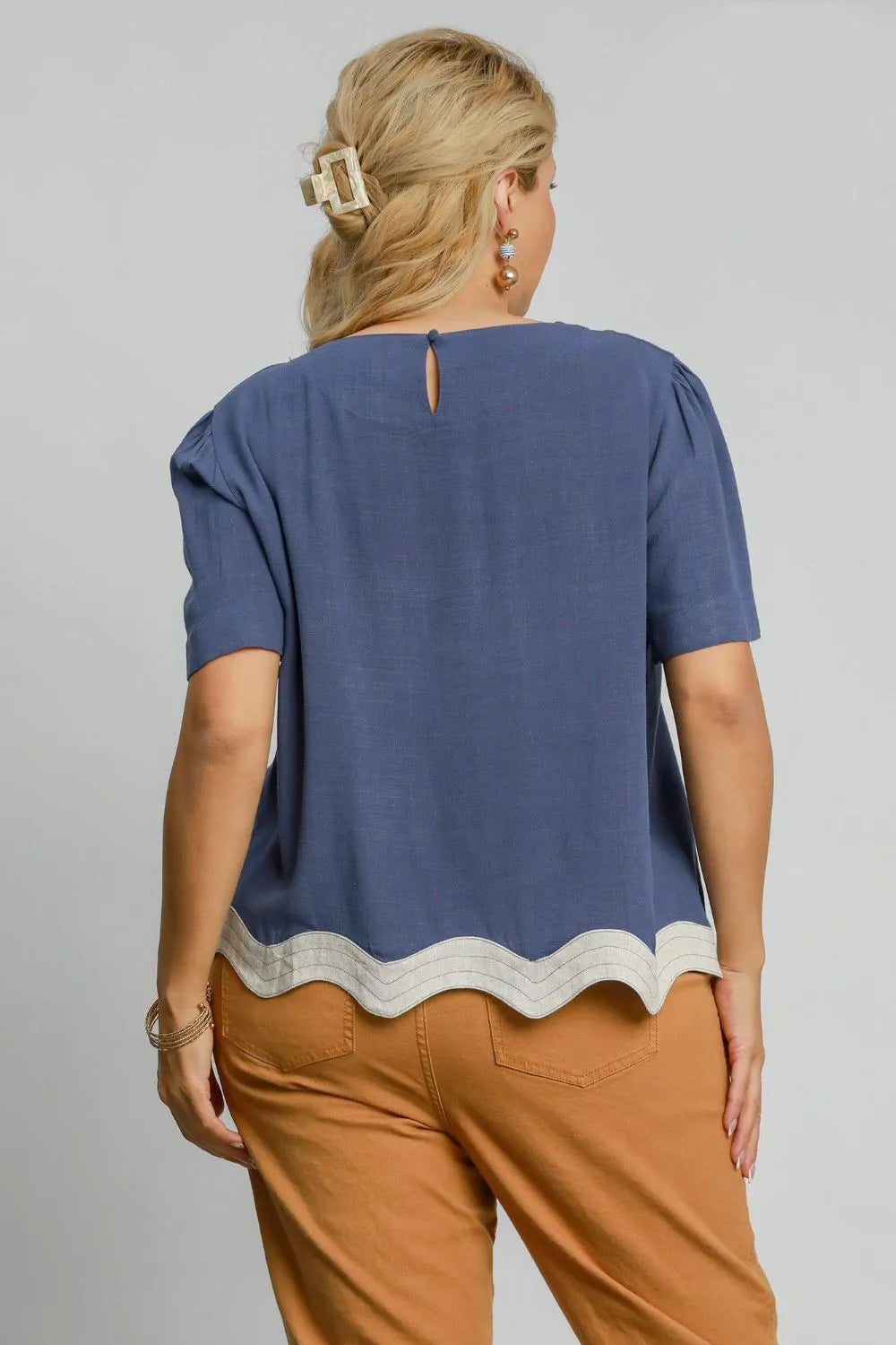 Umgee Full Size Linen Blend Scalloped Hem Top Plus Size - Premium Men's Shirts from Trendsi - Just $41.06! Shop now at Handbags Specialist Headquarter
