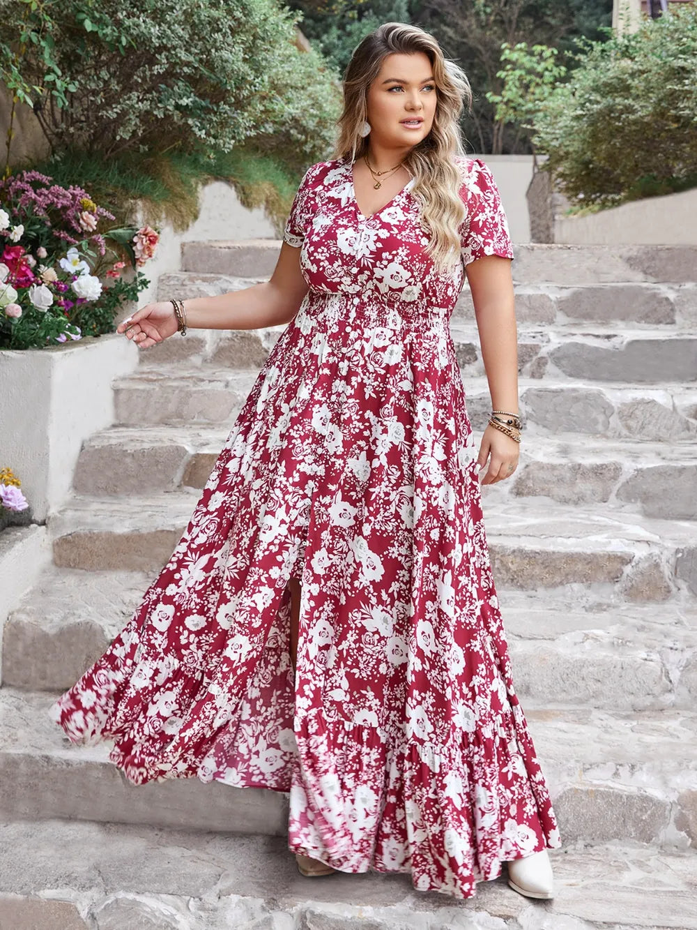 Plus Size Slit Printed V-Neck Maxi Dress - Premium Dresses from Trendsi - Just $54.99! Shop now at Handbags Specialist Headquarter