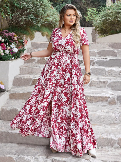 Plus Size Slit Printed V-Neck Maxi Dress - Premium Dresses from Trendsi - Just $54.99! Shop now at Handbags Specialist Headquarter