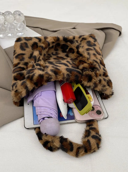 Leopard Fluff Handbag with Zip - Premium handbags from Trendsi - Just $14.99! Shop now at Handbags Specialist Headquarter