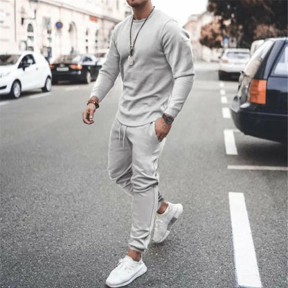 Men's Full Size Round Neck Long Sleeve Top and Pants Set Plus Size.