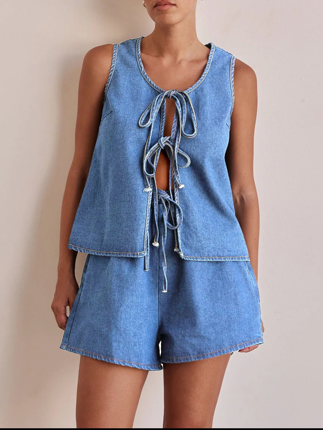 Tie Front Vest and Shorts Denim Set - Premium Women / Jeans & Denim from Trendsi - Just $61.94! Shop now at Handbags Specialist Headquarter