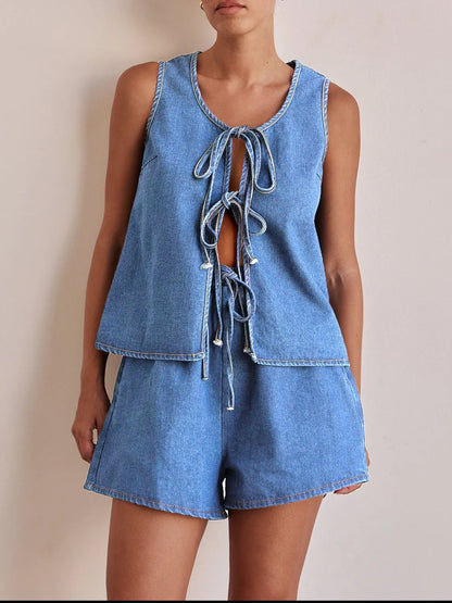 Tie Front Vest and Shorts Denim Set - Premium Women / Jeans & Denim from Trendsi - Just $61.94! Shop now at Handbags Specialist Headquarter
