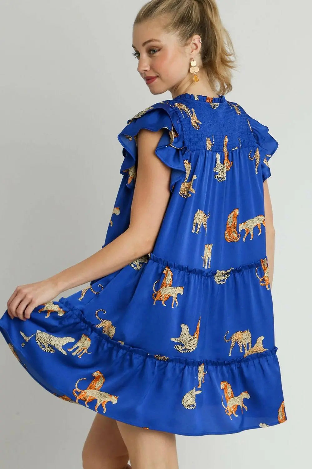 Umgee Full Size Cheetah Print Notched Ruffle Layered Cap Sleeve Mini Dress Plus Size.