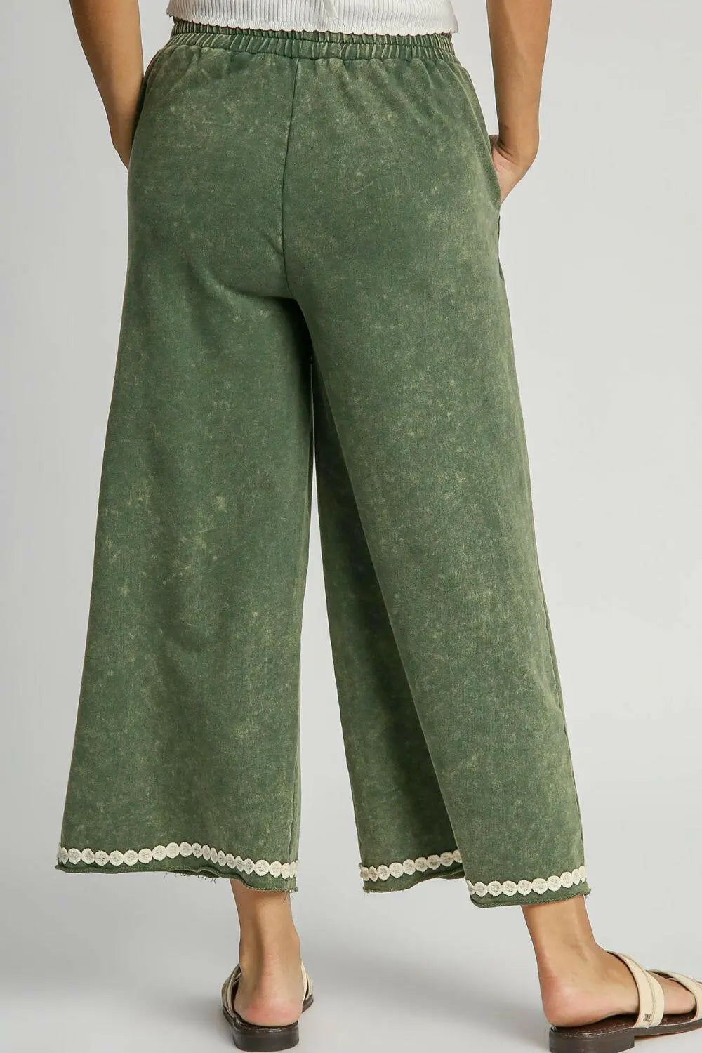 Umgee Full Size Peace Lace Applique Mineral Wash Wide Leg Pants Plus Size.