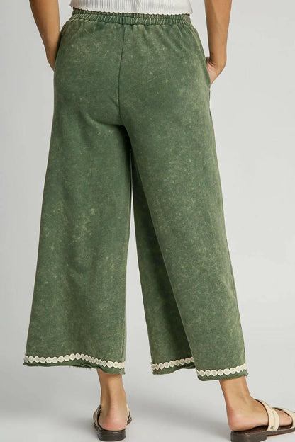 Umgee Full Size Peace Lace Applique Mineral Wash Wide Leg Pants Plus Size.