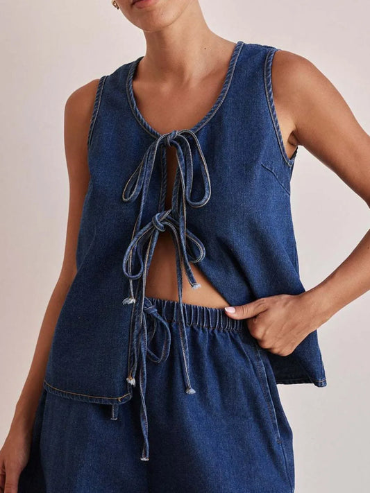 Tie Front Denim Vest - Premium Women / Jeans & Denim from Trendsi - Just $31.60! Shop now at Handbags Specialist Headquarter