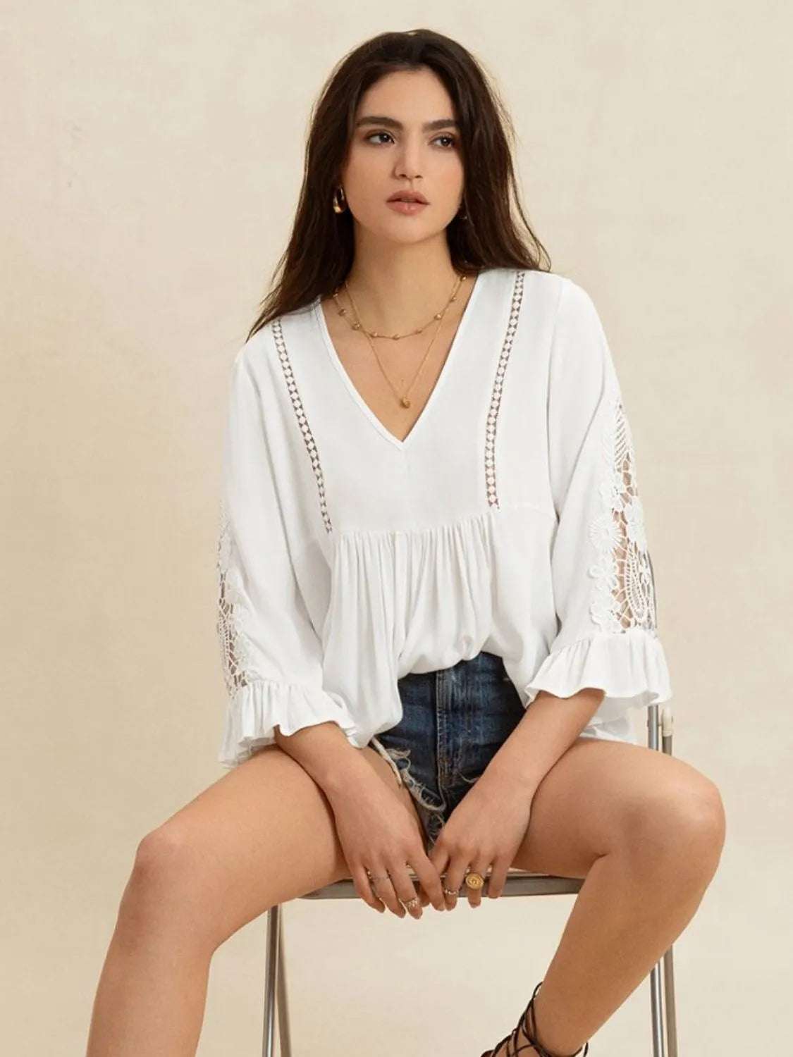 V-Neck Lace Flounce Sleeve Top - Premium Women / Tops from Trendsi - Just $33.50! Shop now at Handbags Specialist Headquarter