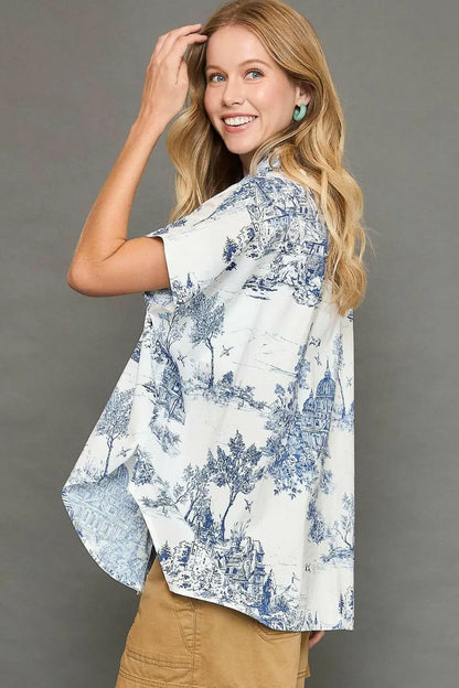 Umgee Full Size Two Tone Print Button Up Short Sleeve Shirt Plus Size.