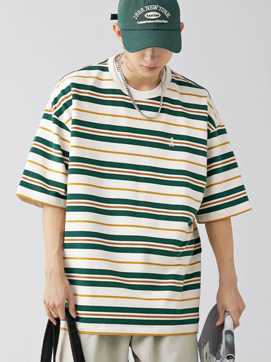 Men's Plus Size Basic style Round Neck Striped T-Shirt - Premium Men's T-Shirt from Trendsi - Just $33.99! Shop now at Handbags Specialist Headquarter