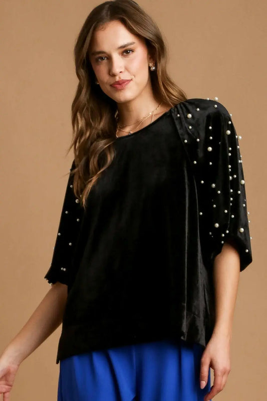 Umgee Full Size Pearl Detail Velvet Round Neck Top Plus Size.