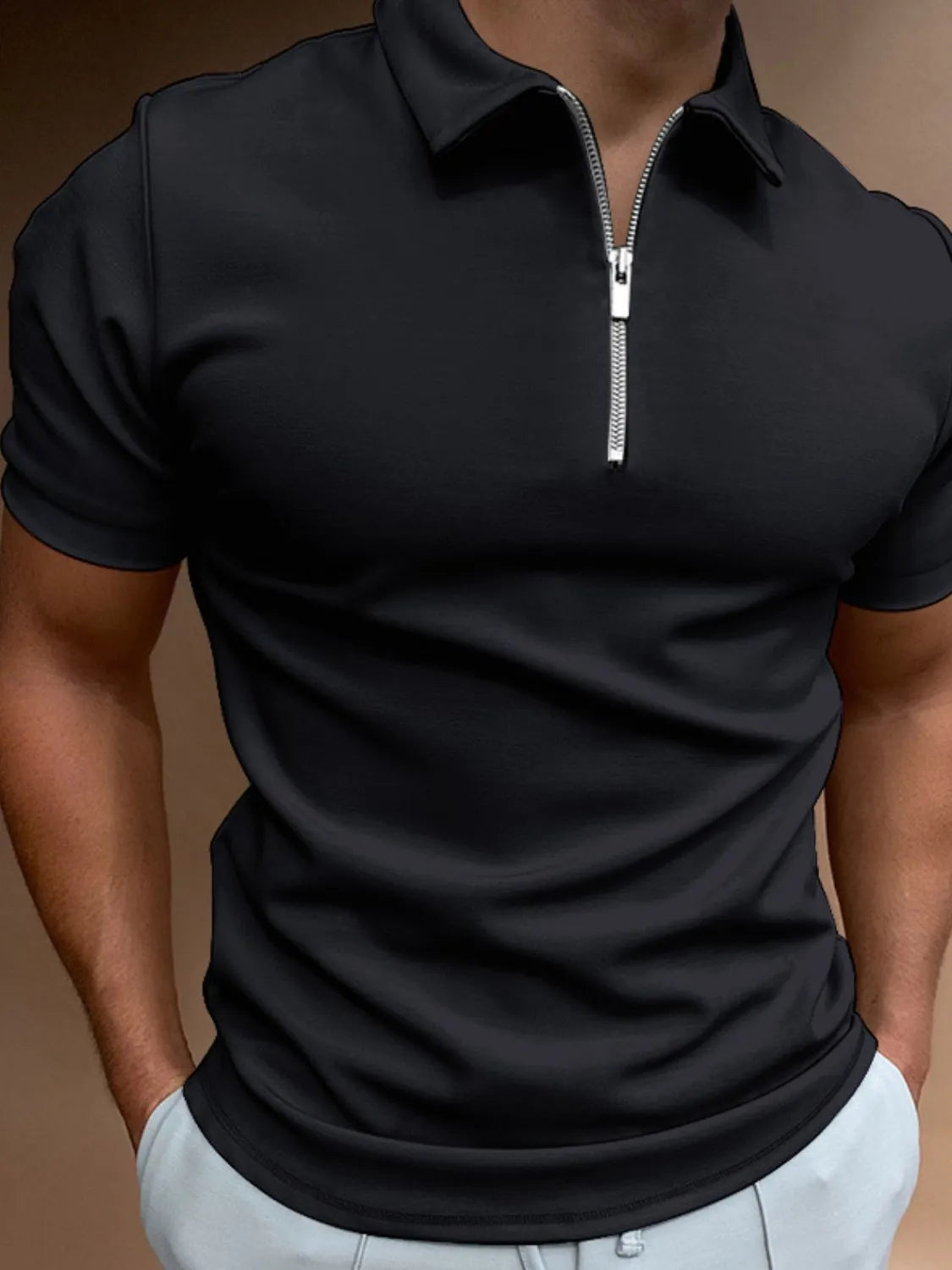 Men's Full Size Zip Collar Short Sleeve Polo Plus Size - Premium Men's Shirts from Trendsi - Just $29.92! Shop now at Handbags Specialist Headquarter