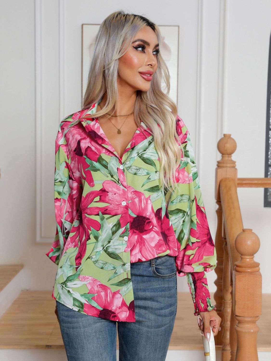Button Down Printed Long Sleeve Shirt - Premium Women / Tops from Trendsi - Just $21.02! Shop now at Handbags Specialist Headquarter